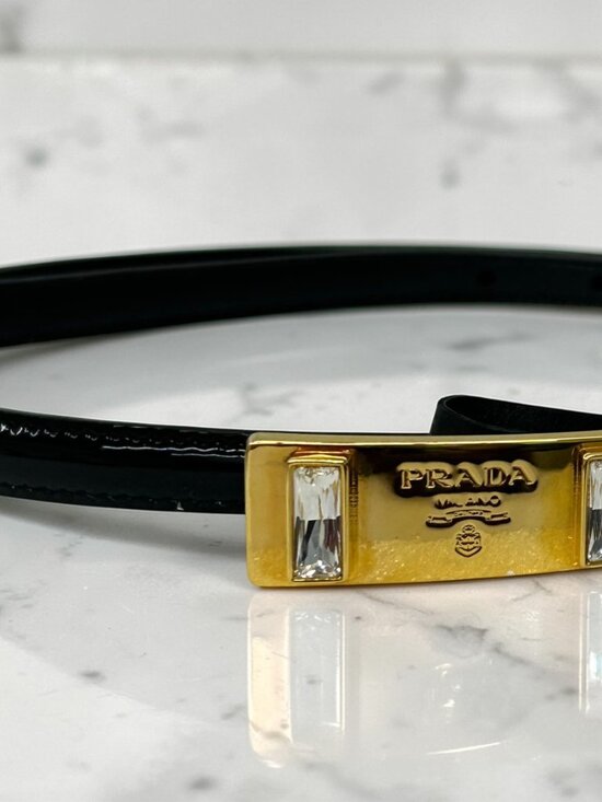 Prada Black Patent Leather Belt with Crystal-Embellished Gold Buckle